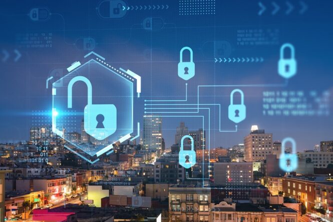 Roof top panoramic city view of San Francisco at night time, midtown skyline, California, United States. The concept of cyber security to protect confidential information, padlock hologram